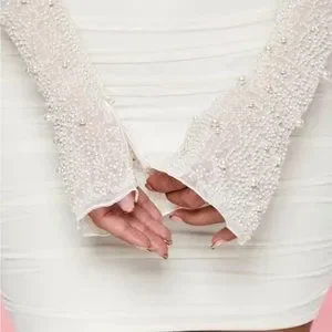 knee length dresses for ladies Embellished Long Sleeve Mini Dress in Blush - 6 / Regular main image 1